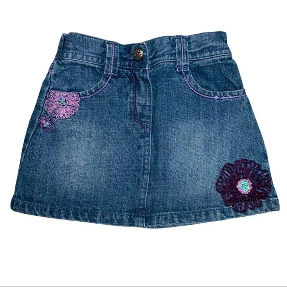 Summer Denim Blue Jean Skirt Purple Sequin Embroidered Flowers Adorable Cute